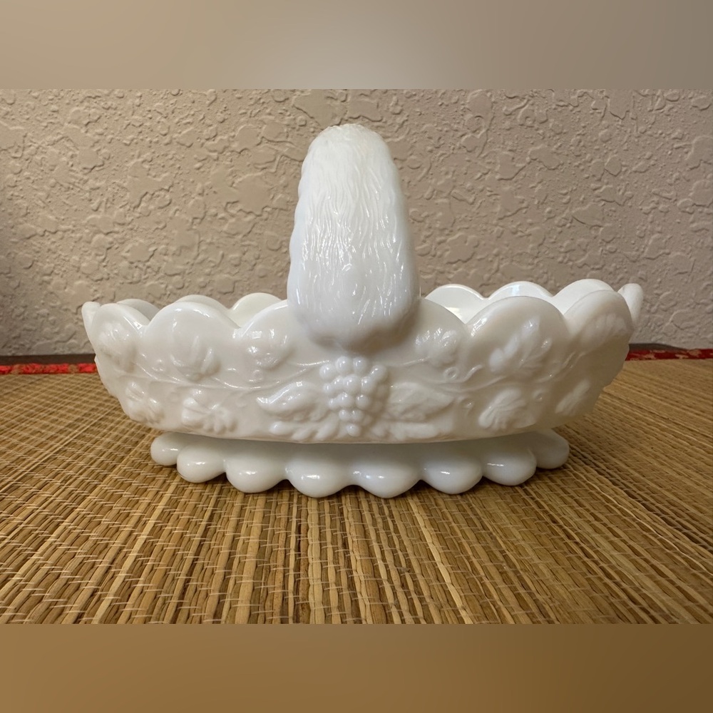 Westmoreland White Milk Glass Trinket Candy Compote Footed Basket Dish Grapes